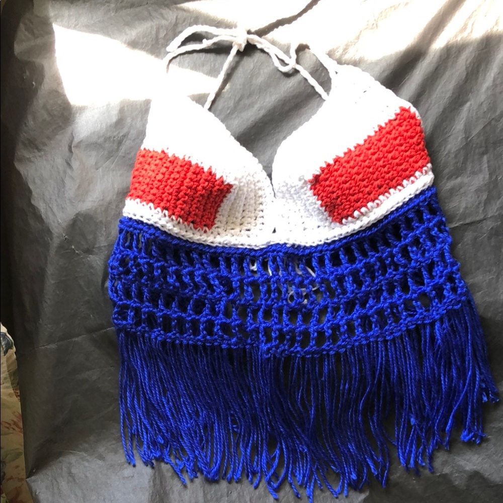 Red, White, and Blue Crochet Halter Top with Fringe - Picture 12 of 15